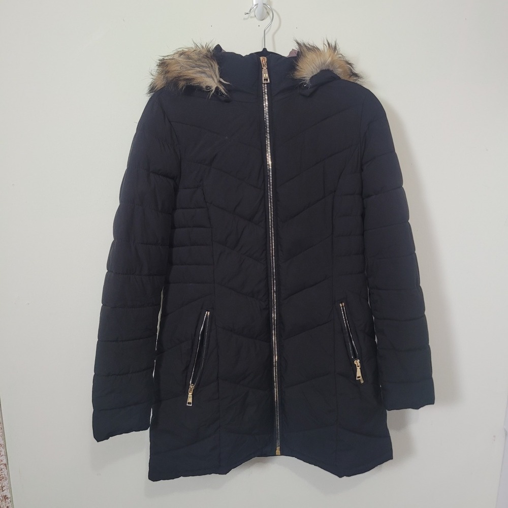 Laundry by Shelli Segal Size S Puffer Coat Womens Black Faux Fur Hooded Parka